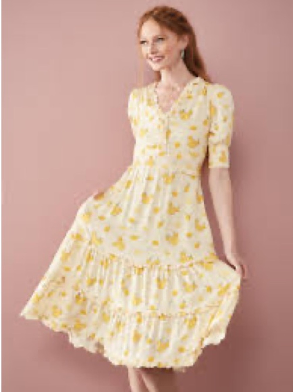 Disney Yellow Floral Cream Midi Dress